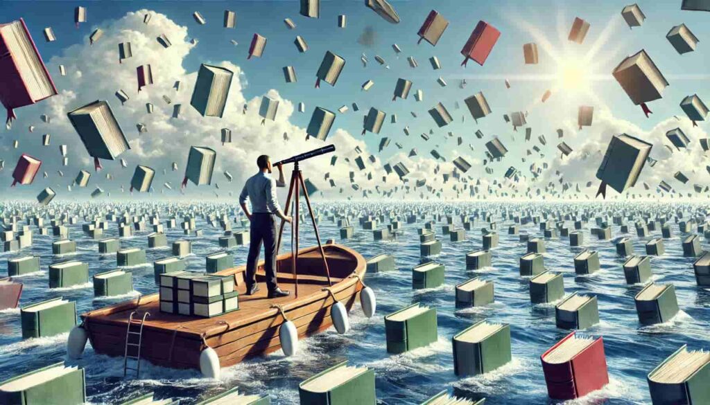 an imaginative depiction of a researcher navigating thesaurus terms fields