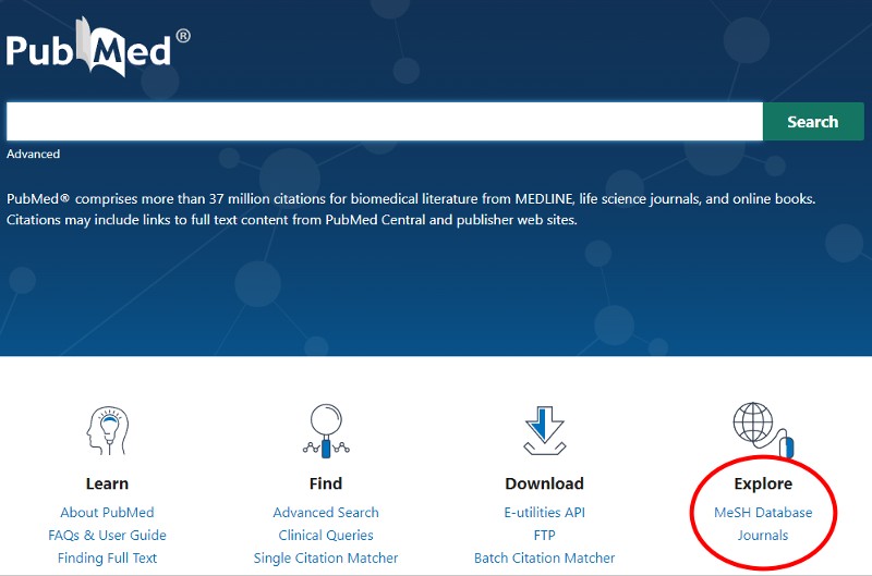 an example image showing how to find mesh terms for pubmed on the pubmed website