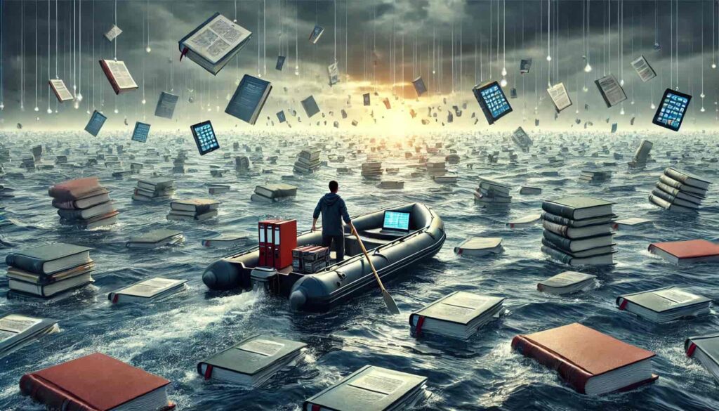 a metaphorical representation of a researcher sailor who goes through the ocean of databases for systematic review