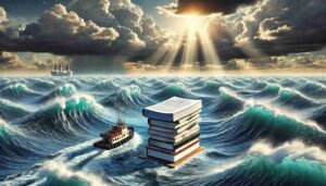 a metaphorical representation of a research sailor discovering different types of scientific reviews in the ocean of data